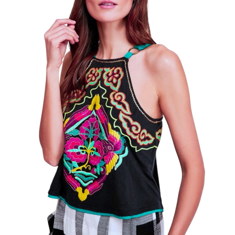 $148 Free People Embroidered Circus Top Medium 8 VINTAGE Tank O Ring Straps NWT